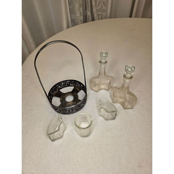 Vintage Ornate Silver Plate Glass Cruet Set With Decorative Handle & Fruit Motif - Picture 11 of 15